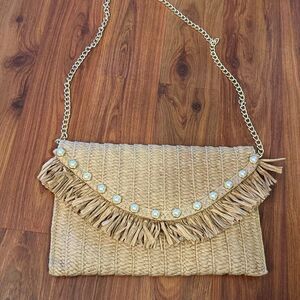 NWOT Sol and Mer tan Rafinha and Pearl clutch handbag with gold chain strap